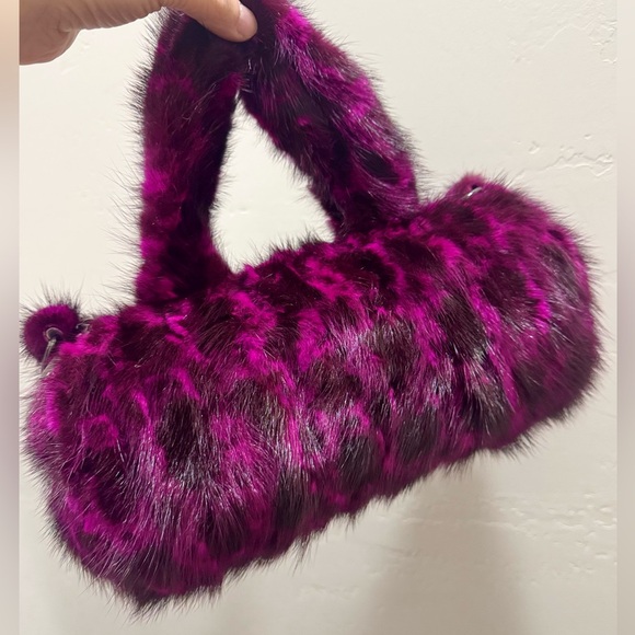 Leopard Real Mink Fur Handmade Fur Handles Barrel Bag/Shoulder Bag/Crossbody Bag - Picture 5 of 16